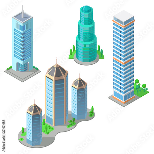 Vector isometric set of modern buildings, urban skyscrapers, high business towers, residential multistorey constructions isolated on background. Architecture, town exterior, objects for infographic