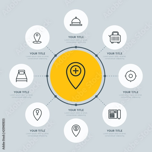 Circle network chart transports, hotel, location infographic template with 8 options for presentations, advertising, annual reports.