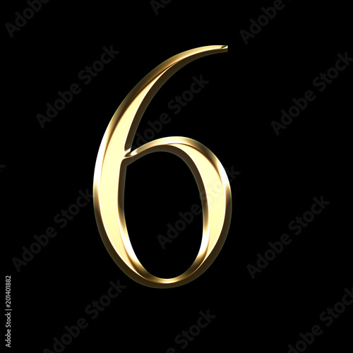 gold number six 3D illustration isolated on black background