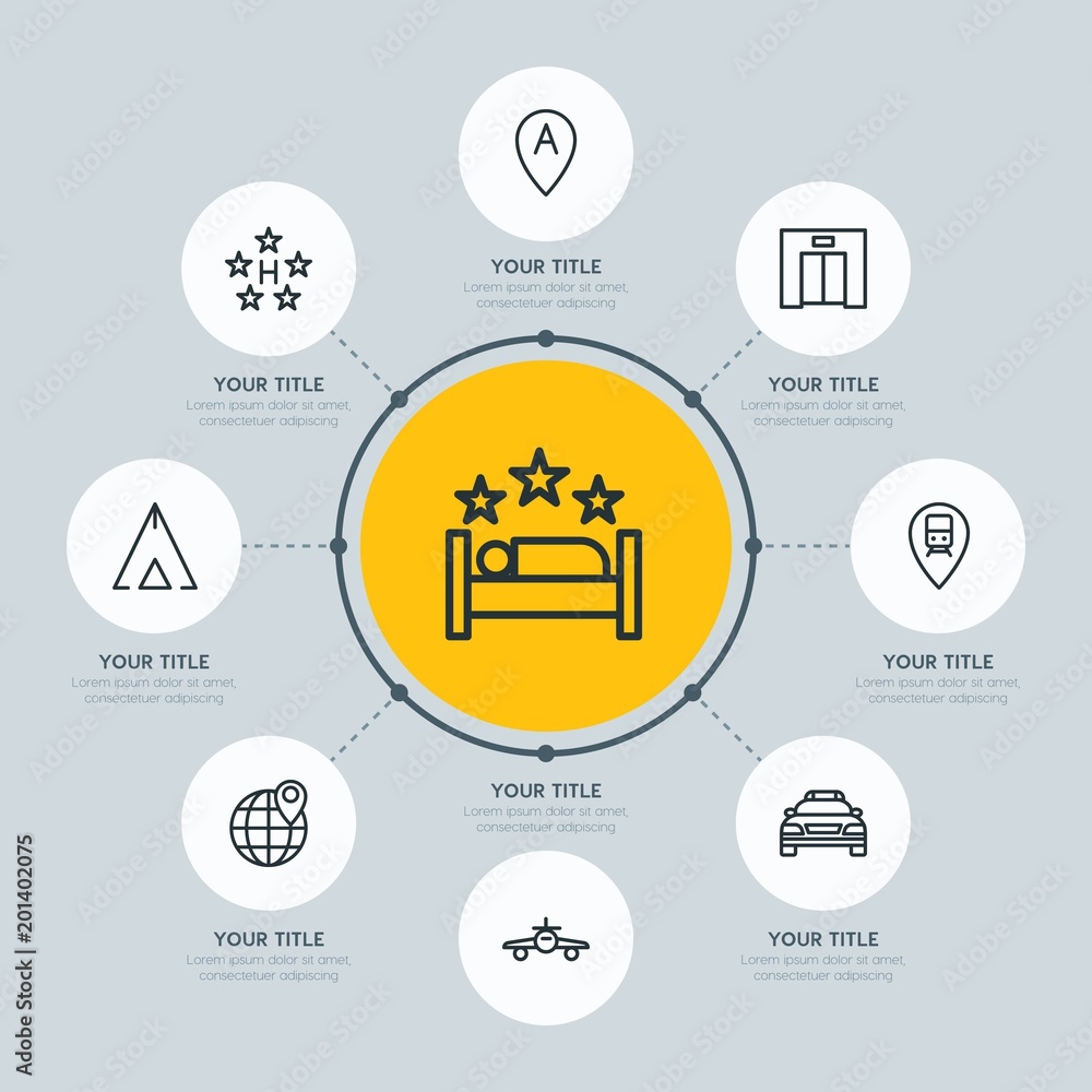 Circle network chart transports, hotel, location infographic template with 8 options for presentations, advertising, annual reports. Circle network chart transports, hotel, location infographic template with 8 options for presentations, advertising, annual reports.