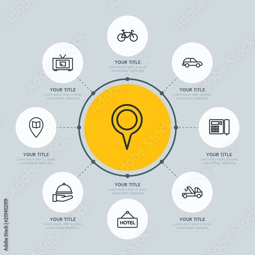 Circle network chart transports, hotel, location infographic template with 8 options for presentations, advertising, annual reports.
