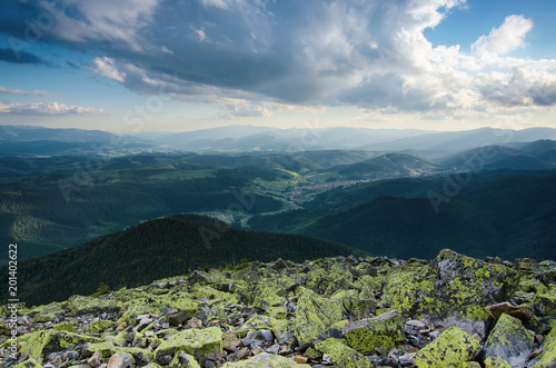 Carpathian mountains summer landscape with dramatic sky and rocks. Gorgany range, Ukraine