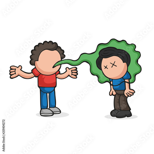 Vector hand-drawn cartoon of with bad breath talking to another man