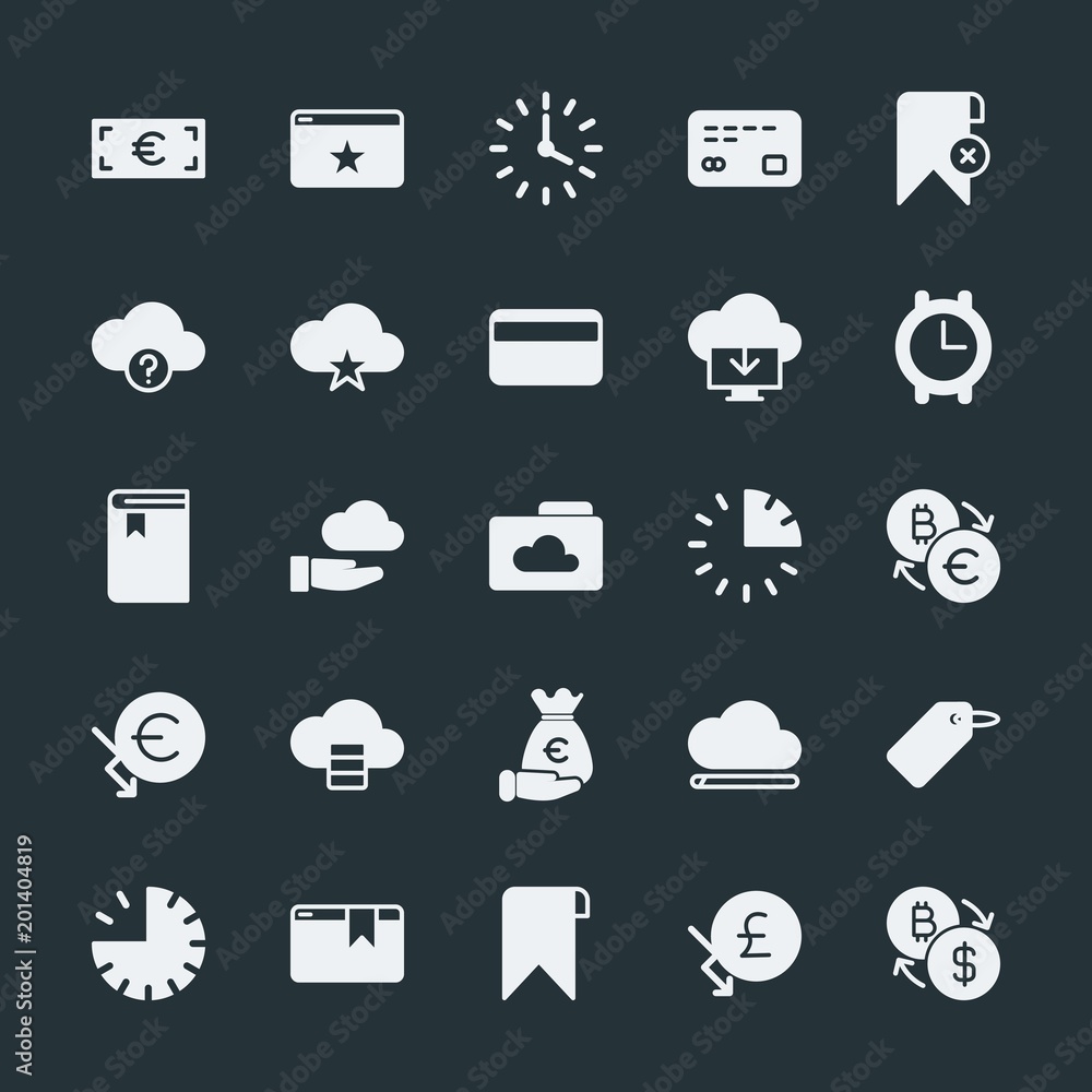 Modern Simple Set of money, cloud and networking, time, bookmarks Vector fill Icons. ..Contains such Icons as  hour,  symbol,  pound,  cloud and more on dark background. Fully Editable. Pixel Perfect.