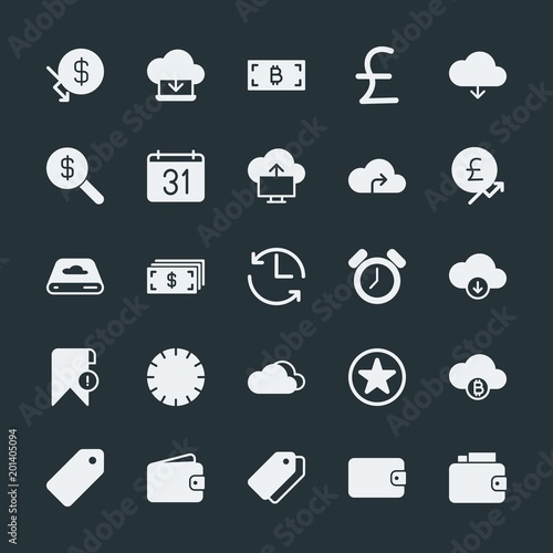 Modern Simple Set of money, cloud and networking, time, bookmarks Vector fill Icons. ..Contains such Icons as  network, wealth, data,  sale and more on dark background. Fully Editable. Pixel Perfect.