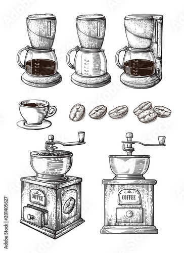 Coffee Hand Drawn Collection Vector Sketch Illustration Set With Cups Beans Maker Latte grinder machine