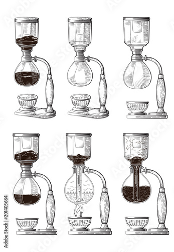 Vector Syphon illustration. Hand sketched maker for alternative coffee brewing. Cafe restaurant menu design concept.