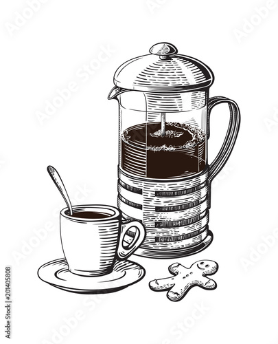 French press. Coffee cup with roasted beans and gignger cookie