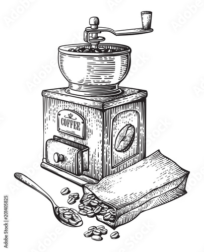 vector illustration of coffee grinder Cup beans collection packing retro