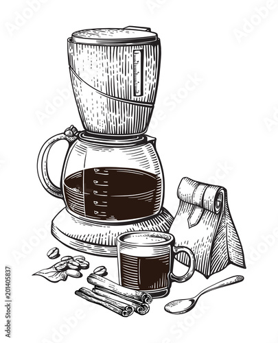 Coffee Hand Drawn Collection Vector Sketch Illustration Set With Cups Bag Beans Maker Latte Cinnamon