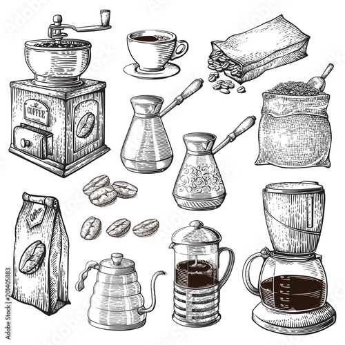 Coffee Hand Drawn Collection. Vector Sketch Illustration Set With Turk Cups Bag With Beans Maker Kettle Cups Latte
