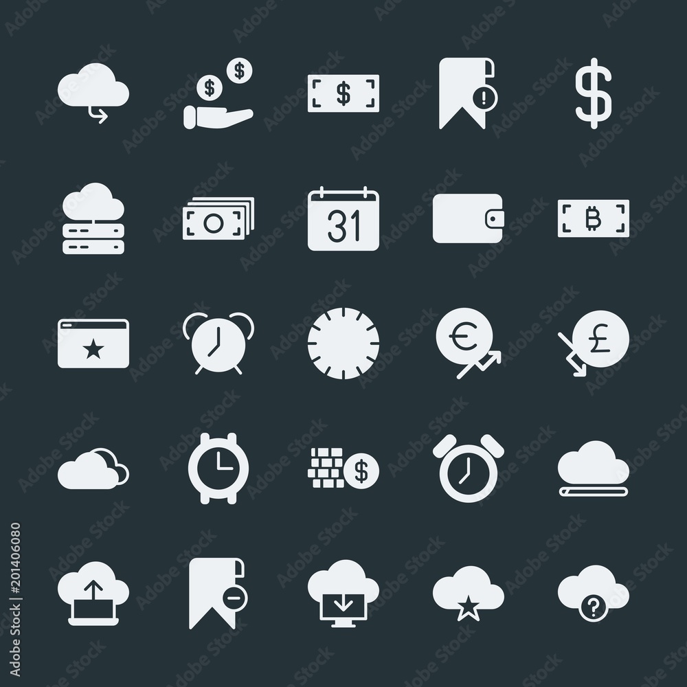 Modern Simple Set of money, cloud and networking, time, bookmarks Vector fill Icons. ..Contains such Icons as symbol, mark, calendar, pay and more on dark background. Fully Editable. Pixel Perfect. Modern Simple Set of money, cloud and networking, time, bookmarks Vector fill Icons. ..Contains such Icons as symbol, mark, calendar, pay and more on dark background. Fully Editable. Pixel Perfect.
