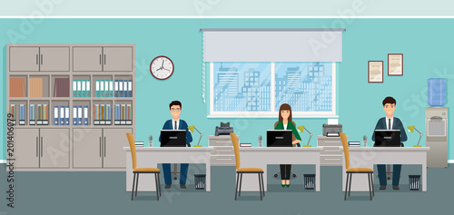 Three business people sitting on working places in office. Working situation with male and female staff.