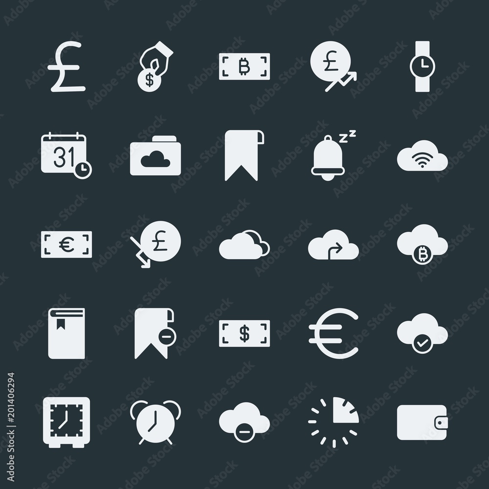 Modern Simple Set of money, cloud and networking, time, bookmarks Vector fill Icons. ..Contains such Icons as leather, usd, chart, purse and more on dark background. Fully Editable. Pixel Perfect. Modern Simple Set of money, cloud and networking, time, bookmarks Vector fill Icons. ..Contains such Icons as leather, usd, chart, purse and more on dark background. Fully Editable. Pixel Perfect.