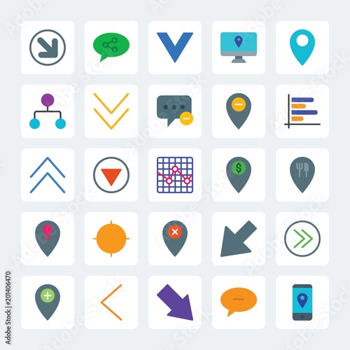 Fototapeta Naklejka Na Ścianę i Meble -  Modern Simple Set of location, arrows, charts, chat and messenger Vector flat Icons. .Contains such Icons as  vertical,  direction,  phone and more on gray background. Fully Editable. Pixel Perfect