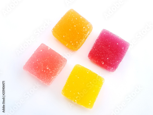 Colorful jelly sugar candies on white background