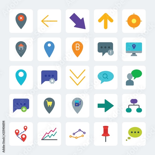 Modern Simple Set of location, arrows, charts, chat and messenger Vector flat Icons. .Contains such Icons as exposure,  multiple,  square and more on gray background. Fully Editable. Pixel Perfect