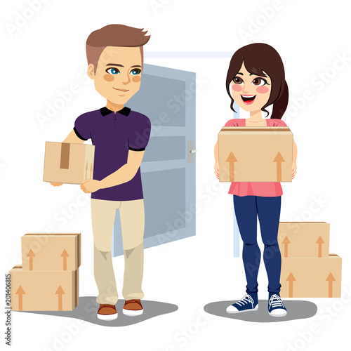 Young couple holding cardbo...