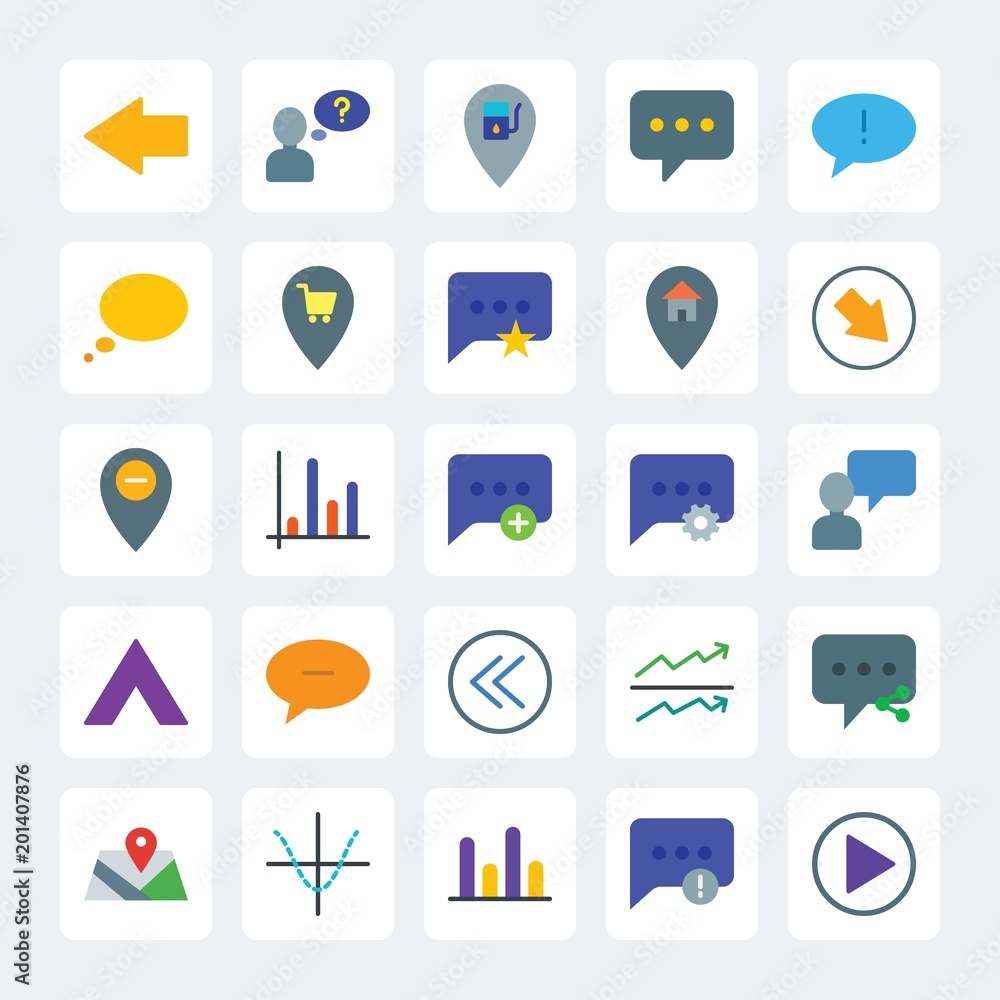Modern Simple Set of location, arrows, charts, chat and messenger Vector flat Icons. .Contains such Icons as error,  circle, location,  line and more on gray background. Fully Editable. Pixel Perfect