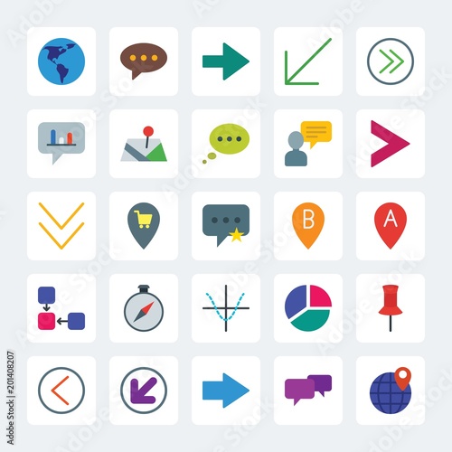 Modern Simple Set of location, arrows, charts, chat and messenger Vector flat Icons. .Contains such Icons as talk, bubble, arrow, stats and more on gray background. Fully Editable. Pixel Perfect