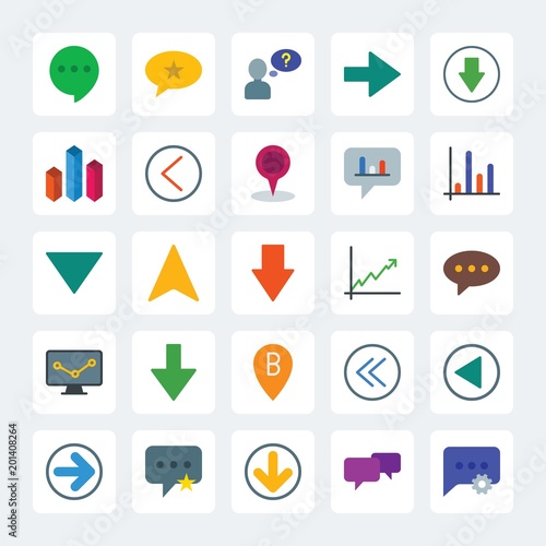 Modern Simple Set of location, arrows, charts, chat and messenger Vector flat Icons. .Contains such Icons as  mobile,  sign,  information and more on gray background. Fully Editable. Pixel Perfect