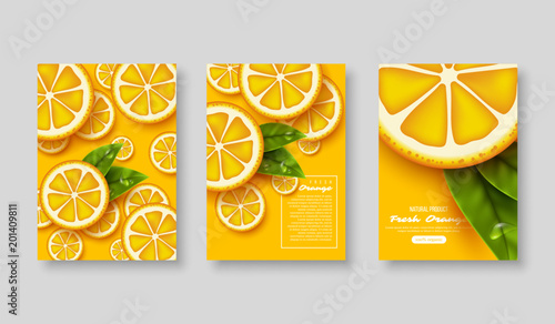 Orange poster set. Sliced pieces with leaves and water drop. Fruit template for brochure, layout design, banner, cover, flyer. Vector illustration.