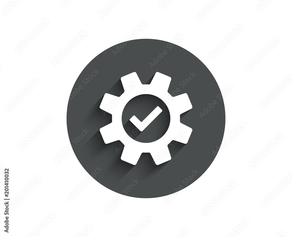 Cogwheel simple icon. Approved Service sign. Transmission Rotation Mechanism symbol. Circle flat button with shadow. Vector Cogwheel simple icon. Approved Service sign. Transmission Rotation Mechanism symbol. Circle flat button with shadow. Vector