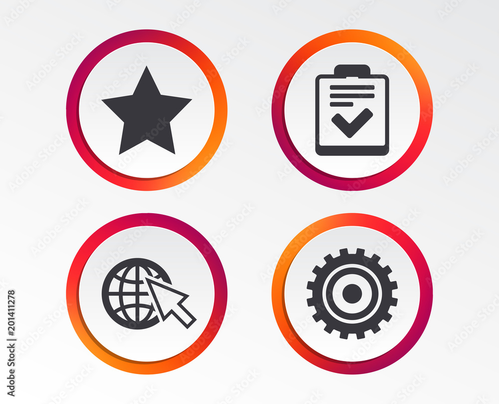 Star favorite and globe with mouse cursor icons. Checklist and cogwheel gear sign symbols. Infographic design buttons. Circle templates. Vector Star favorite and globe with mouse cursor icons. Checklist and cogwheel gear sign symbols. Infographic design buttons. Circle templates. Vector