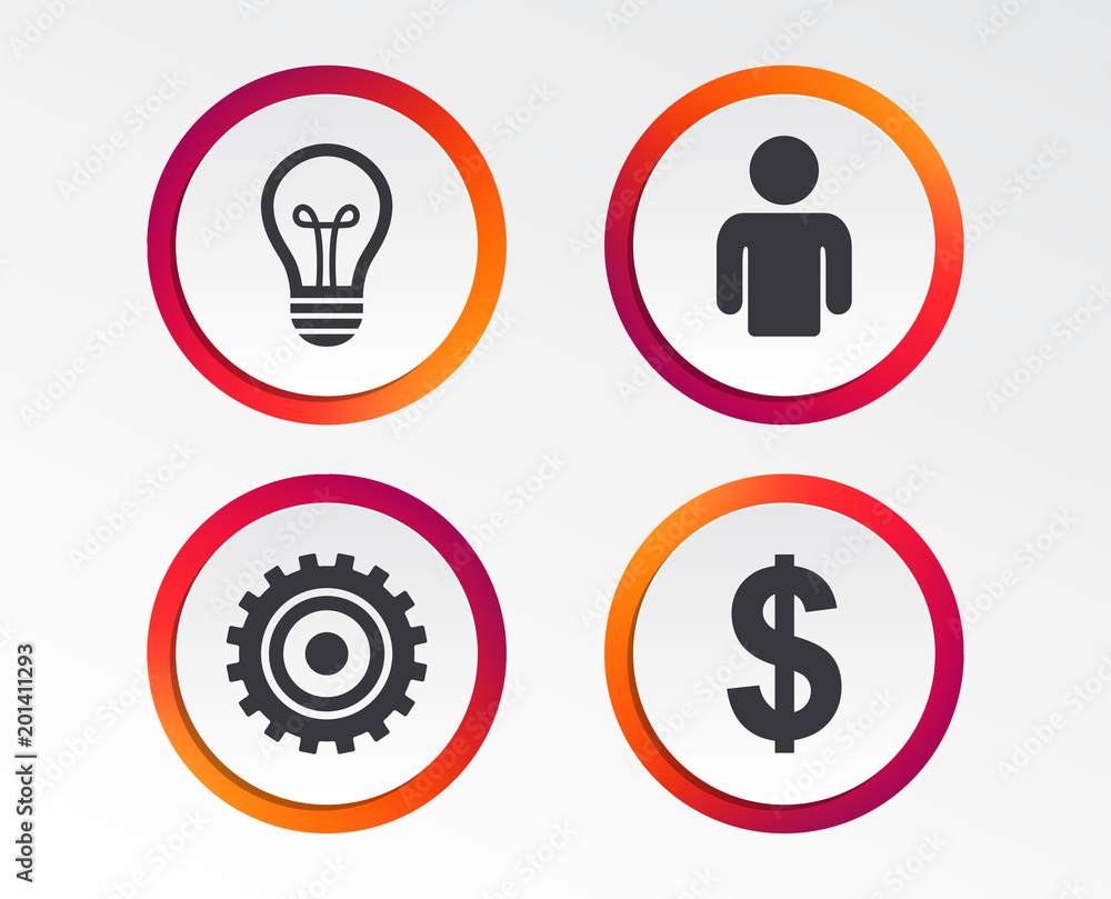 Business icons. Human silhouette and lamp bulb idea signs. Dollar currency and gear symbols. Infographic design buttons. Circle templates. Vector Business icons. Human silhouette and lamp bulb idea signs. Dollar currency and gear symbols. Infographic design buttons. Circle templates. Vector