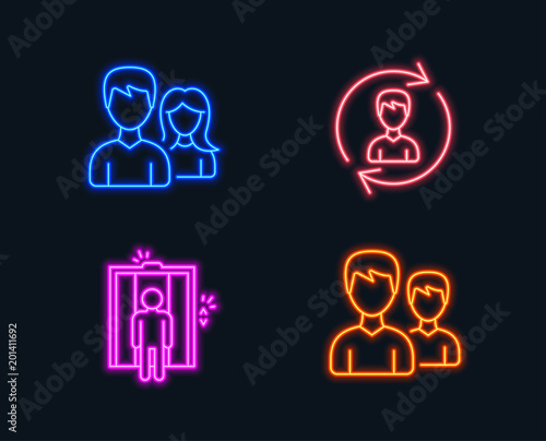 Neon lights. Set of Human resources, Elevator and Teamwork icons. Couple sign. Update profile, Lift, Man with woman. Two male users.  Glowing graphic designs. Vector