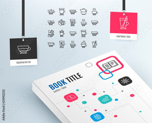Coffee types and Tea icons. Set of Latte, Frappe and Cappuccino signs. Espresso, Doppio and Cafe Crema symbols. Americano, Whipped cream and Coffee with ice. Mocha, Herbal and Mint tea cups. Vector