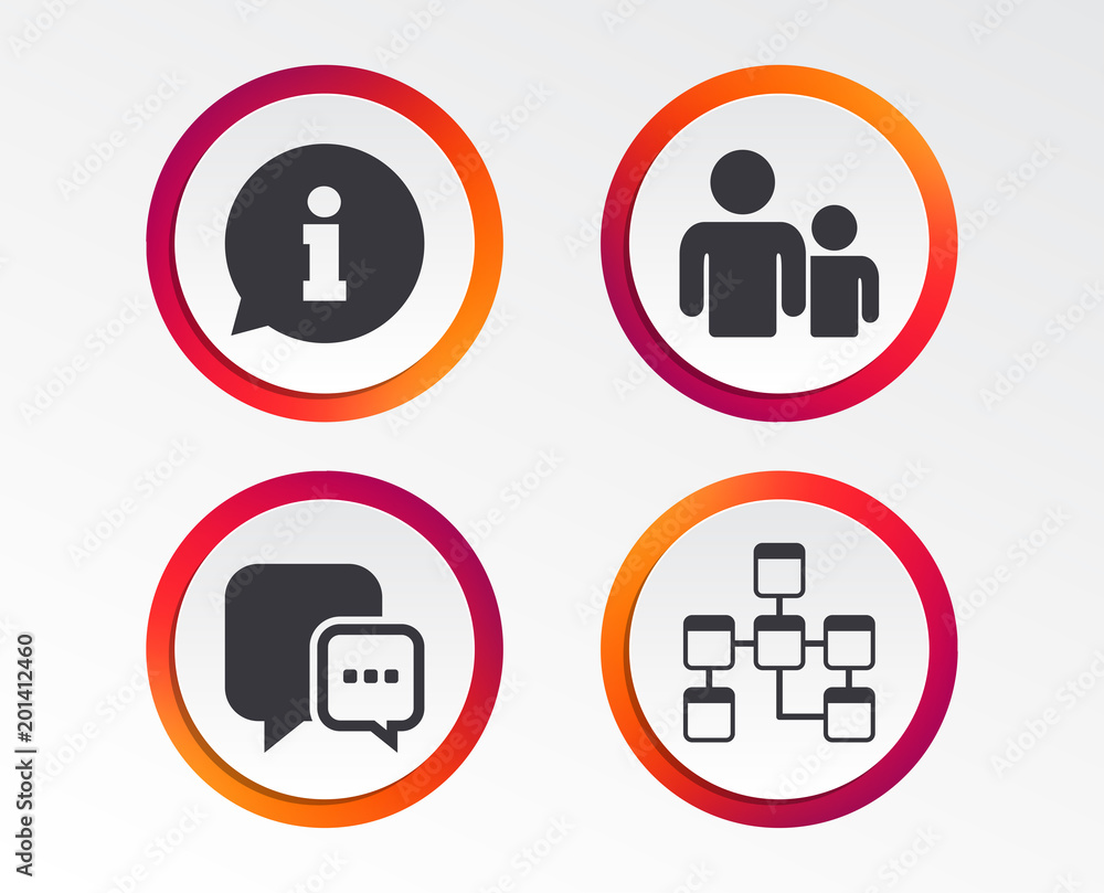 Information sign. Group of people and database symbols. Chat speech bubbles sign. Communication icons. Infographic design buttons. Circle templates. Vector Information sign. Group of people and database symbols. Chat speech bubbles sign. Communication icons. Infographic design buttons. Circle templates. Vector