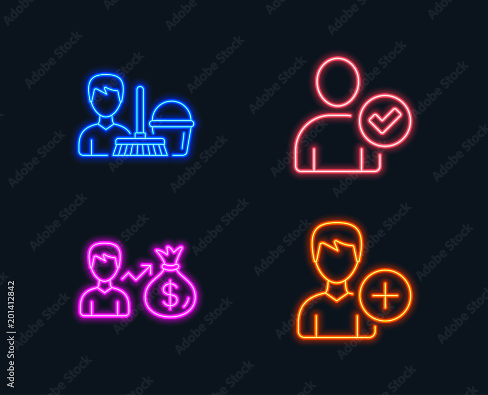 Neon lights. Set of Identity confirmed, Cleaning service and Sallary icons. Add person sign. Person validated, Bucket with mop, Edit user data. Glowing graphic designs. Vector Neon lights. Set of Identity confirmed, Cleaning service and Sallary icons. Add person sign. Person validated, Bucket with mop, Edit user data. Glowing graphic designs. Vector