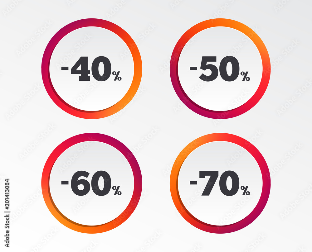Sale discount icons. Special offer price signs. 40, 50, 60 and 70 percent off reduction symbols. Infographic design buttons. Circle templates. Vector