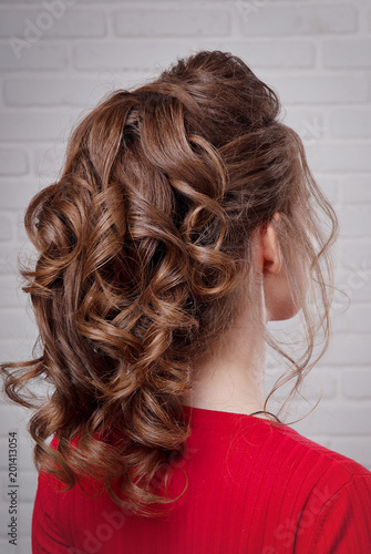 Hairstyle of the Eastern tail on the head of the brown rear view on the background of a white brick wall close-up.Professional women's hairstyle.