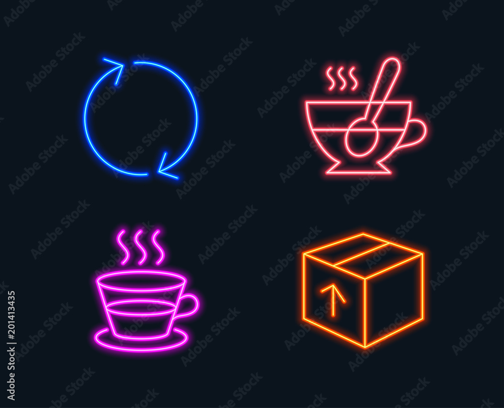Neon lights. Set of Refresh, Coffee cup and Tea cup icons. Package sign. Rotation, Tea mug, Coffee with spoon. Delivery pack. Glowing graphic designs. Vector Neon lights. Set of Refresh, Coffee cup and Tea cup icons. Package sign. Rotation, Tea mug, Coffee with spoon. Delivery pack. Glowing graphic designs. Vector