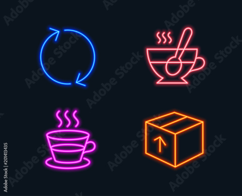 Neon lights. Set of Refresh, Coffee cup and Tea cup icons. Package sign. Rotation, Tea mug, Coffee with spoon. Delivery pack. Glowing graphic designs. Vector