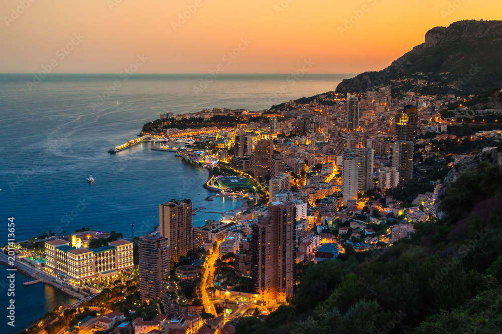 Monte Carlo in View of Monaco at night on the Cote d'Azur