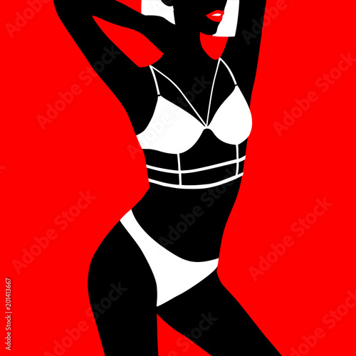 Beautiful women body. Vector illustration of a black woman on red background. Vector pop art style girl illustration. Flat young woman in black fashion underwear with red lips.