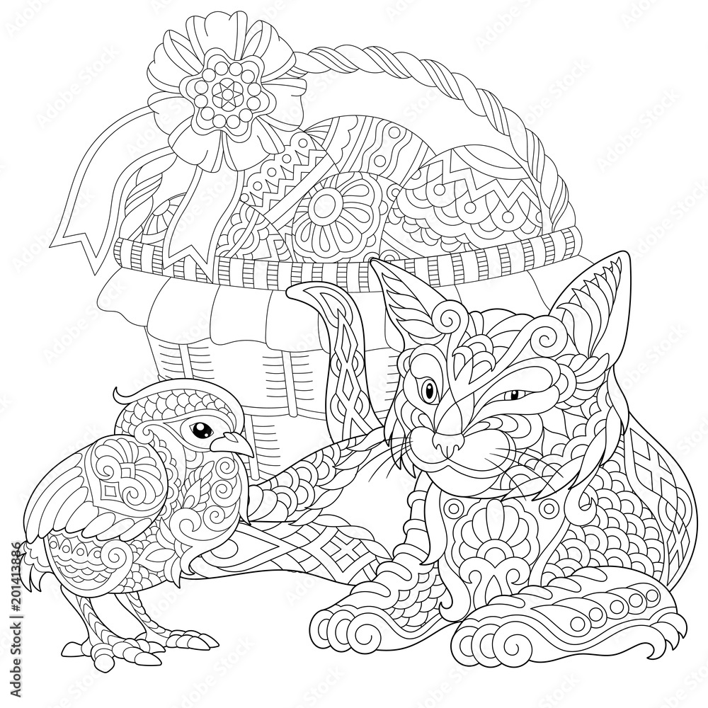 Fototapeta premium Zentangle cat and baby chicken with Easter basket full of eggs