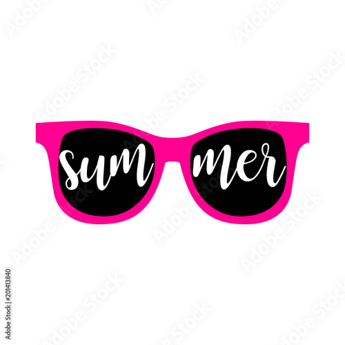 Sunglasses. Summer inscription on lenses pink sunglasses isolated on white background. Summer vector illustration. Sun. Vector illustration