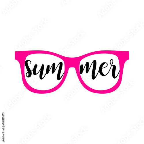 Sunglasses. Summer inscription on lenses pink sunglasses isolated on white background. Summer vector illustration. Sun. Vector illustration