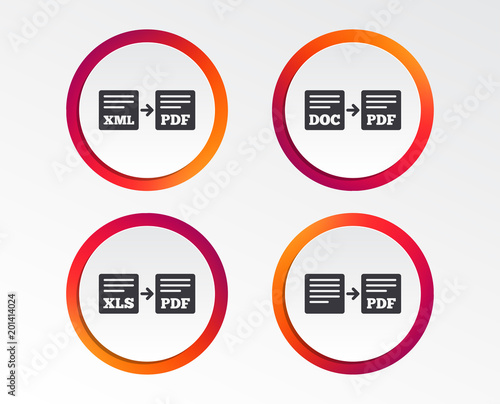 Export file icons. Convert DOC to PDF, XML to PDF symbols. XLS to PDF with arrow sign. Infographic design buttons. Circle templates. Vector