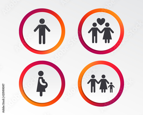 Family lifetime icons. Couple love, pregnancy and birth of a child symbols. Human male person sign. Infographic design buttons. Circle templates. Vector