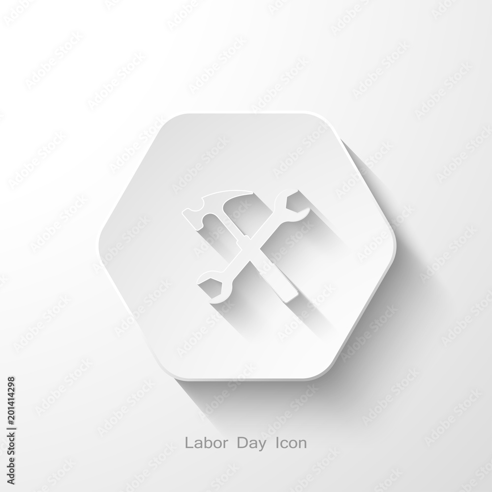 Obraz premium Vector isolated hexagon flat icon of wrench and hammer with long shadow on the light background.