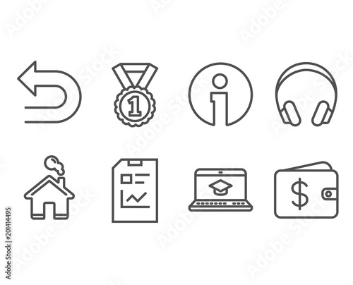 Set of Best rank, Website education and Report document icons. Headphones, Undo and Dollar wallet signs. Success medal, Video learning, Statistics file. Music listening device, Left turn, Cash money