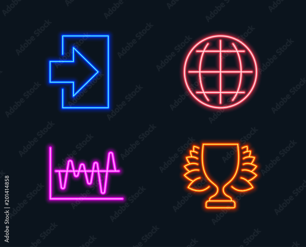 Neon lights. Set of Stock analysis, Globe and Login icons. Winner sign. Business trade, Internet world, Sign in. Sports achievement. Glowing graphic designs. Vector Neon lights. Set of Stock analysis, Globe and Login icons. Winner sign. Business trade, Internet world, Sign in. Sports achievement. Glowing graphic designs. Vector