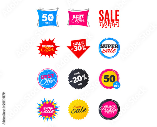 Sale banners. Best offers, discounts tags. Market sale flyers or Clearance special offers. Shopping sale stars templates. Vector illustration