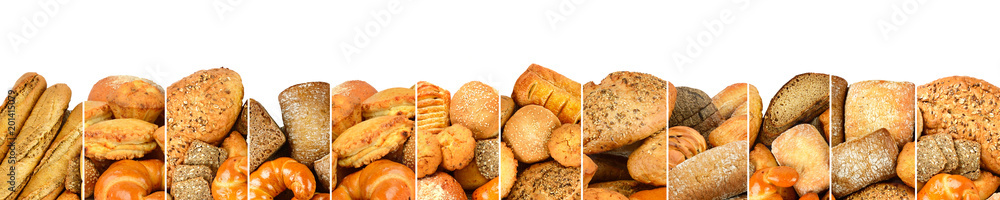 Fresh baked bread products in form vertical lines isolated on white background.