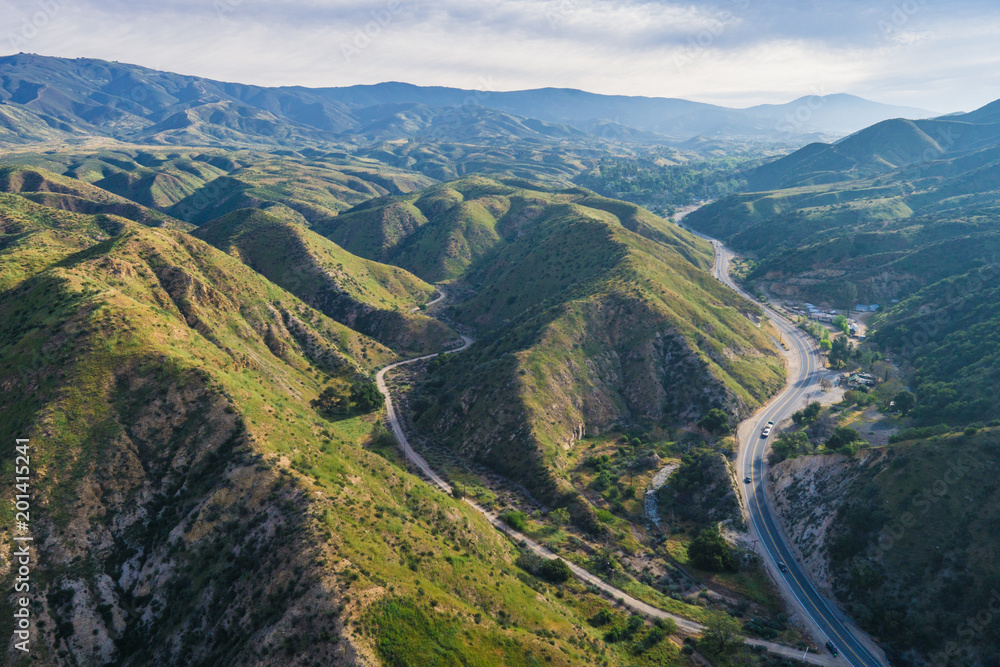 Roads and homes nestled into the valleys of southern California's Canyon Country in Los Angeles County.